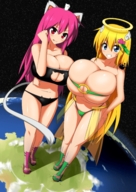drawing giantess earth blonde space color swimsuit blue_eyes planet cleavage red_eyes huge_breasts cat_ears pink_hair giantesses cat_girl looking_at_viewer mgear ken cosmic_giantess ケン