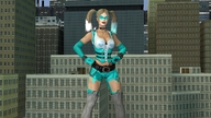 giantess city blonde clothed cleavage bra harley_quinn pigtails collar mask lipstick outdoors choker dyed_hair hands_on_hips on_shoulder face_paint digital_render