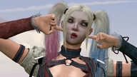giantess vore harley_quinn pigtails outdoors dyed_hair face_paint digital_render silly_face eyes_crossed pursed_lips