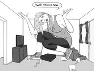 drawing growth monochrome long_hair teeth story open_mouth room crouching tv converse top jogging cramped mole vase