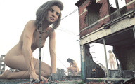 breasts nipples giantess nude long_hair butt destruction barefoot brunette kneeling giantesses standing hiding searching sorenzer0 digital_render