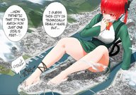 drawing giantess city mega color destruction barefoot red_eyes story red_hair dress lying_down laughing hair_bow uru