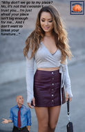 gentle collage long_hair clothed cleavage skirt brunette asian shrunken_man looking_down purse sweater squeezemeflat bald