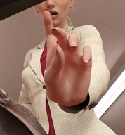 blonde clothed low_angle open_mouth indoors point_of_view digital_render pinched_fingers