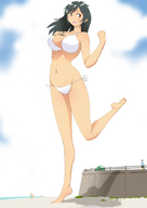 drawing giantess black_hair color large_breasts long_hair swimsuit cleavage smiling looking_back raised_foot sitting_on bikuta