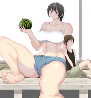 drawing blushing color large_breasts barefoot brunette purple_eyes smiling short_hair mini_giantess pink_eyes bikuta