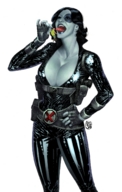drawing vore black_hair long_hair tongue licking handheld cleavage gloves shrunken_man open_mouth belt x-men no_background face_paint pinched leather_clothing marvel_comics domino belts