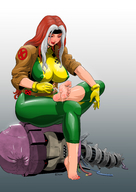 breasts drawing giantess feet mega color large_breasts robot licking handheld barefoot gloves jacket closed_eyes point_of_view belt headband x-men legs_crossed einom no_background marvel_comics sentinel rogue_(x-men) hair_streak