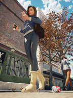 long_hair blood brunette low_angle scared tights foot_crush phone walking unaware running shrunken_woman shrunken_man coffee purse point_of_view jogger sorenzer0 digital_render uggs