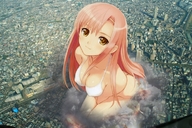bikini giantess mega long_hair destruction drawing_collage pink_hair unknown_artist smoke looking_up outdoors source_needed sitting_on_knees