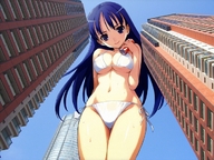 bikini giantess color long_hair cleavage smiling unknown_artist looking_up point_of_view looking_at_viewer source_needed digital_render skysrapers