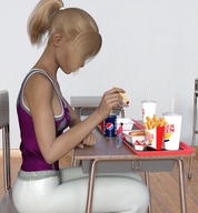 gentle blonde clothed ponytail sitting shrunken_man looking_down fries runswithferrets top soda hot_dog digital_render fast_food stretch_pants
