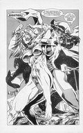 drawing giantess city comic monochrome destruction clothed barefoot cleavage buildings story fighting vehicles costume garganta dialogue femforce nightveil