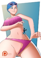 bikini drawing pussy panties color large_breasts clit blue_eyes blue_hair smiling navel dragon_ball shrunken_man entrapment sunglasses bulma thighs dropped looking_at_tiny spokle bare_legs