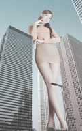 giantess collage city long_hair brunette looking_down outdoors legs_crossed standing_up hand_in_chin
