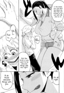 drawing comic monochrome aroused black_hair long_hair tongue clothed cleavage huge_breasts story amazon shorts looking_down standing dialogue sweatshirt yuuki-ray