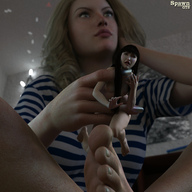 nude blonde black_hair long_hair handheld barefoot crying shrunken_woman indoors shirt spawngts digital_render