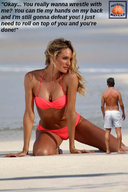 bikini collage blonde long_hair clothed beach barefoot cleavage ocean kneeling navel shorts shrunken_man standing squeezemeflat candice_swanepoel