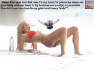 bikini collage blonde long_hair butt clothed beach barefoot cleavage shrunken_man sand falling dialogue squeezemeflat