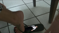 collage clothed barefoot in_shoe lying_down sitting tie shrunken_man under_foot flip_flops toe_ring nail_polish