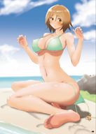 bikini drawing giantess blushing color beach barefoot soles brunette sitting looking_down outdoors bikuta arms_raised