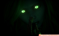 giantess nude long_hair green_hair looking_down looking_up braid purple_skin glowing_eyes redfiredog digital_render