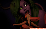 giantess blonde long_hair green_hair looking_down open_mouth long_tongue braid purple_skin imminent_vore glowing_eyes redfiredog digital_render