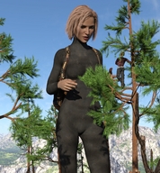 gentle giantess blonde clothed looking_down mountains runswithferrets trees backpack unitard hikers digital_render