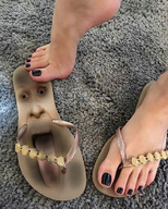 collage barefoot in_shoe transformation open_mouth indoors flip_flops toe_imprints extended_tongue