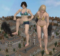 bikini city blonde long_hair destruction barefoot brunette short_hair sandals shorts looking_down outdoors necklace digital_render roodedude