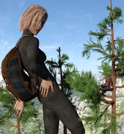 giantess city blonde clothed jeans short_hair sitting bodysuit looking_up outdoors backpack hand_on_hips digital_render long_sleeved_shirt