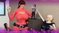 gentle blonde long_hair clothed cleavage glasses huge_breasts brunette multiple_sizes smiling bottle women touching belt digital_render sweater_dress butre3004 shrunken_nan filing_cabinet
