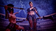 drawing giantess blonde color long_hair armor clothed ponytail navel belly fighting looking_down lightning raining axe spear gladiator arena narkoman22