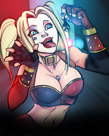 breasts drawing giantess vore color tongue mouth harley_quinn shrunken_man teasing batman cape top joker dc_comics bubimun clown_makeup between_breasts