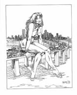 bikini breasts drawing giantess city mega blonde monochrome long_hair bridge clothed barefoot cleavage water buildings sitting vehicles looking_at_viewer heike traffic_jam