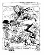 breasts drawing giantess mega monochrome large_breasts long_hair clothed handheld barefoot cleavage bra brunette foot_crush muscles trample village cruel tribal tribe thighs earrings heike shield spears loincloth makeshift_clothing