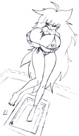 drawing gentle giantess monochrome long_hair swimsuit barefoot cleavage huge_breasts unknown_artist pool source_needed between_breasts