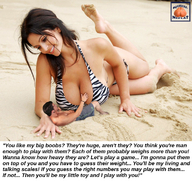 breasts collage beach barefoot cleavage brunette smiling shrunken_man sand denise_milani squeezemeflat looking_at_tiny