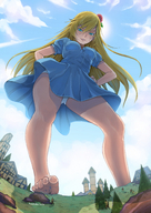 drawing giantess panties feet upskirt blonde color long_hair destruction blue_eyes clothed toes barefoot low_angle smiling kyoko dress foot_crush looking_down thighs outdoors sky white_panties point_of_view trees scar bare_legs eudetenis kyokos_day