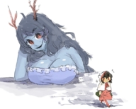 drawing giantess horns black_hair color large_breasts clothed cleavage red_eyes no_background looking_at_tiny momodora lubella borvar