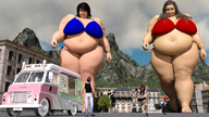 giantess city black_hair swimsuit barefoot brunette bbw running looking_down mountains giantesses clouds ice_cream_truck digital_render galiagan