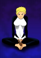 drawing giantess blonde color barefoot between_feet looking_at_tiny ubiquitouseyechosis