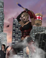 breasts giantess city mega blonde destruction harley_quinn corset superman cape belt hammer digital_render dc_comics roodedude