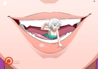 drawing white_hair vore color blue_eyes teeth shrunken_woman open_mouth trapped inside_mouth detail spokle