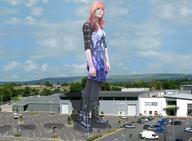giantess collage buildings red_hair boots foot_print vehicles sky parking_lot looking_at_viewer vehicle_crush insetosonhador