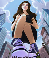 drawing giantess city buildings brunette low_angle brown_eyes legs looking_down skyscraper sneakers clouds sky point_of_view looking_at_viewer street_view angelgts