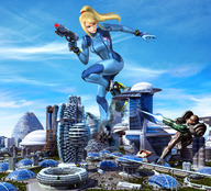 collage city mega blonde destruction buildings samus_aran wonderslug boots zero_suit game metroid sky aircraft science_fiction zero_suit_samus power_suit digital_render dark_suit