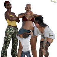 cleavage stockings shrunken_man sunglasses tattoo spawngts middle_finger looking_at_tiny digital_render
