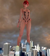 breasts nude pussy city mega elf red_hair looking_down skyscraper clouds sky point_of_view looking_at_viewer digital_render smogass