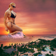 giantess collage swimsuit beach cleavage ocean muscles waves sunglasses boats athletic tattoo sunset victoria_lomba redcoffee1